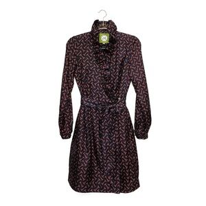 Elizabeth McKay Silk Wrap Dress Size 2 Navy Blue Red Ruffle Horsebit mckay EUC
